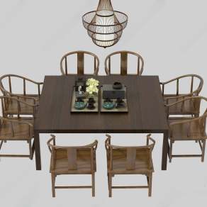 中式茶桌椅组合3D模型下载